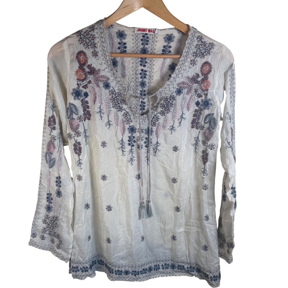 Johnny Was Santorini Blouse Womens XS White Embroidered Boho Peasant Festival‎
